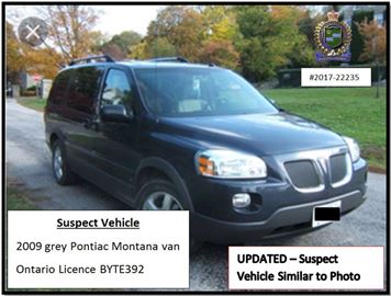 Niagara Regional Police released a photo of the suspect vehicle, a dark grey 2009 Pontiac Montana van with the Ontario licence plate BYTE392.